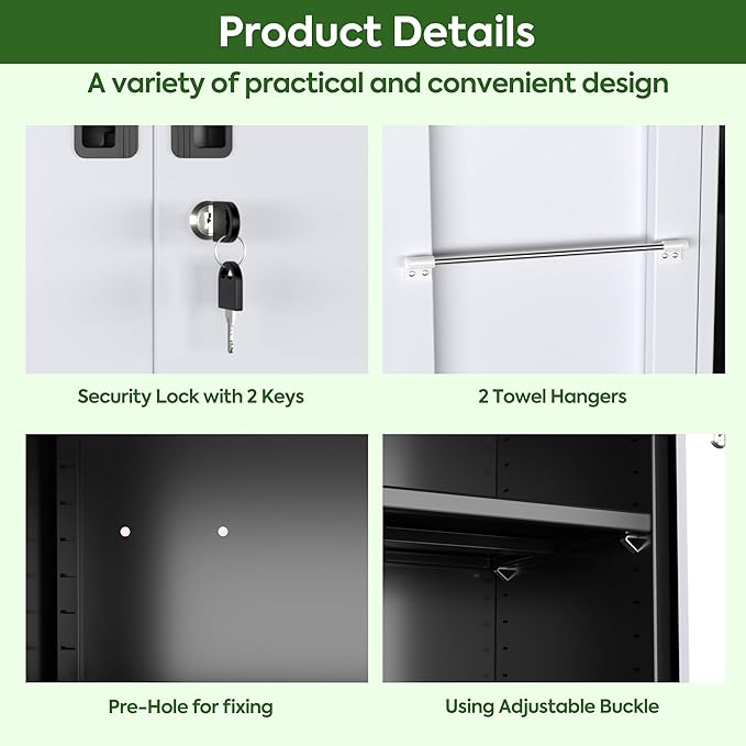 Broom Closet Storage Cabinet with Wheels, 5 Pegboard and 13 Hooks, Metal Garage Storage Cabinet with Doors and 4 Adjustable Shelves for Garage Bathroom, Assembly Required, Black and White