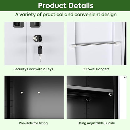 Broom Closet Storage Cabinet with Wheels, 5 Pegboard and 13 Hooks, Metal Garage Storage Cabinet with Doors and 4 Adjustable Shelves for Garage Bathroom, Assembly Required, Black and White