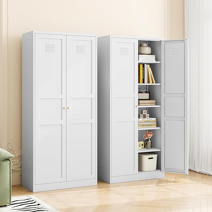 MIIIKO Metal Pantry Cabinet, Utility Storage Cabinets with 2 Doors and 5 Shelves, Versatile Freestanding Tall Cupboard for Kitchen, Bedroom, Laundry Room and Office, 71" H x 15.7" D x 31.5" W
