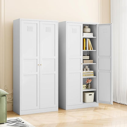 MIIIKO Metal Pantry Cabinet, Utility Storage Cabinets with 2 Doors and 5 Shelves, Versatile Freestanding Tall Cupboard for Kitchen, Bedroom, Laundry Room and Office, 71" H x 15.7" D x 31.5" W