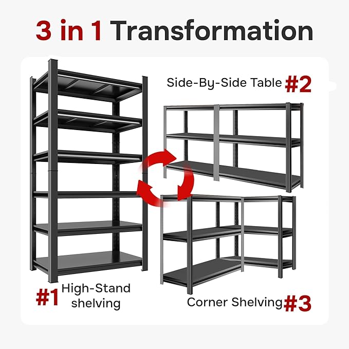 45"W x 18"D 6-Tier Garage Shelves Heavy Duty, Adjustable Steel Shelving Units, Garage Storage Shelf Heavy Duty Industrial Metal Organizer for Basement, Warehouse, Pantry, Kitchen, Black, 78"H
