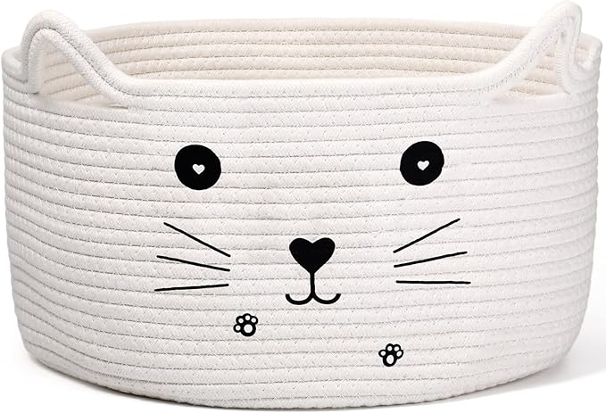 Zopeal Cat Basket Storage Woven Organizer with Ears Easter Decorative Gift Pet Toy Cute Cotton Rope Basket for Gift Cat Dog Toy Bin Nursery Room(13.7 x 7.8 Inch,White)