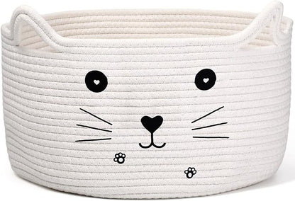 Zopeal Cat Basket Storage Woven Organizer with Ears Easter Decorative Gift Pet Toy Cute Cotton Rope Basket for Gift Cat Dog Toy Bin Nursery Room(13.7 x 7.8 Inch,White)