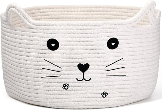 Zopeal Cat Basket Storage Woven Organizer with Ears Easter Decorative Gift Pet Toy Cute Cotton Rope Basket for Gift Cat Dog Toy Bin Nursery Room(13.7 x 7.8 Inch,White)