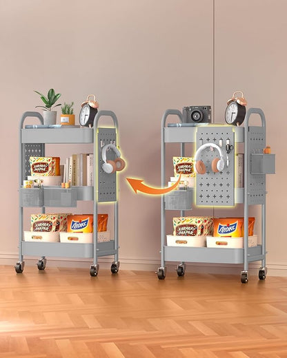 ALVOROG 3 Tier Rolling Cart with DIY Pegboards Metal Utility Cart with Wheels Handles Baskets Hooks, Craft Cart for Office Kitchen Bathroom(Light Gray)