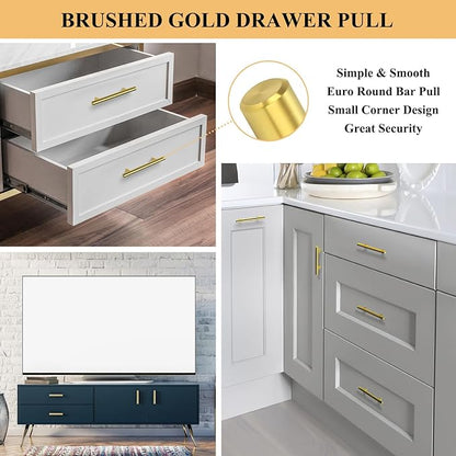50Pack Gold Cabinet Handles 3 Inch Hole Center-Brushed Brass Cabinet Pulls Gold Dresser Drawer Pulls -Stainless Steel Door Hardware for Kitchen Bathroom Bedroom 5 Inch Length