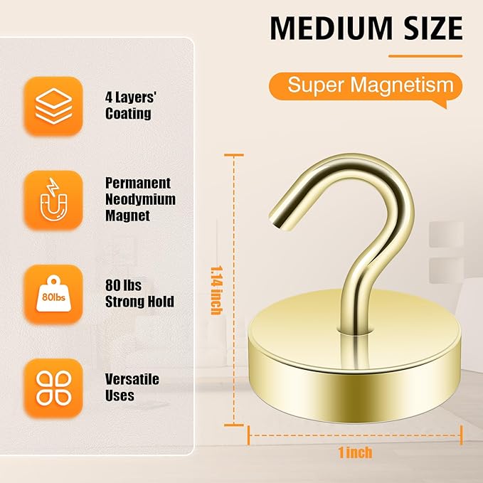 Neosmuk Magnetic Hooks, Cruise Ship Essentials, 80lb+ Heavy Duty Magnetic Hooks for Cruise Cabins, Refrigerator, Grill, Hanging, and Travel | Extra Strong Must-Haves Magnet Hook,Gold, 5 Pack