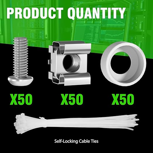 M6 x 16mm Rack Mount Cage Nuts, Screws and Washers - 50 Pack for Server Cabinets, Shelves, Routers - Self-Locking Cable Ties