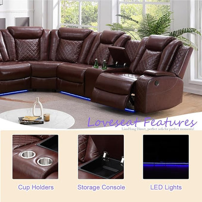 Leather Power Reclining Sectional Sofa Sets, Brown Recliner Sectional Sofa and 2 Chairs, Power Recliner Couch Living Room Furniture Set, L-Shaped Breathing Leather Couch with LED for Office