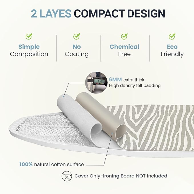 Ironing Board Cover and Pad 15"x54" Extra Thick Natural Cotton, Scorch and Stain Resistant Padding, Standard Size Iron Board Cover with Fasteners Heavy Duty Elastic Edge, Heatproof Zebra