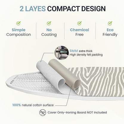 Ironing Board Cover and Pad 15"x54" Extra Thick Natural Cotton, Scorch and Stain Resistant Padding, Standard Size Iron Board Cover with Fasteners Heavy Duty Elastic Edge, Heatproof Zebra