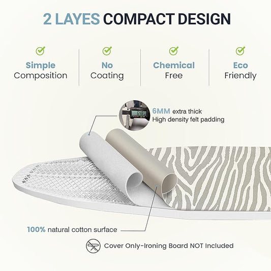 Ironing Board Cover and Pad 18"x49" Extra Thick Natural Cotton, Scorch and Stain Resistant Padding, Extra Wide Iron Board Cover with Fasteners Heavy Duty Elastic Edge, Heatproof Zebra