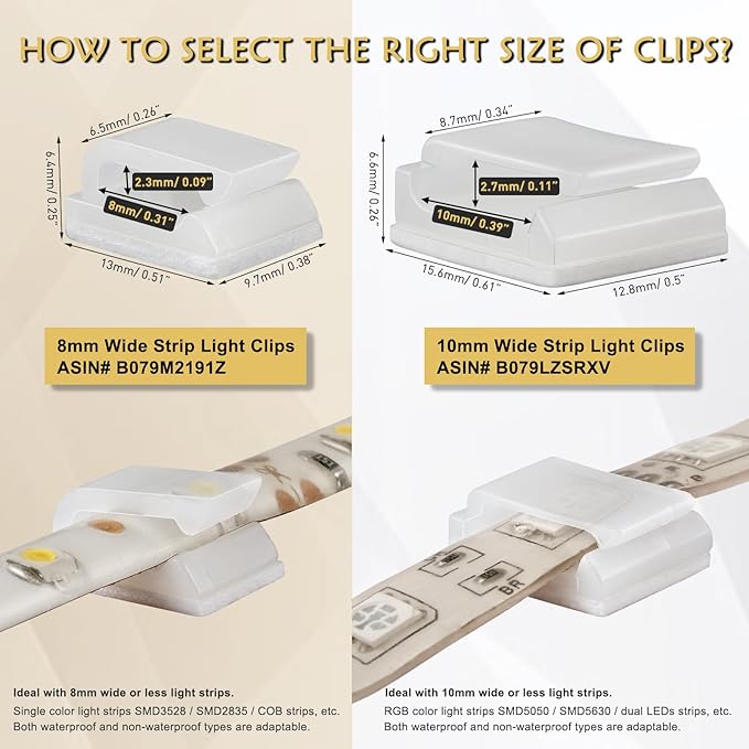 GooChan Strip Light Mounting Clips Self-Adhesive Strip Brackets Holder,100Pack Clamps Fix Light Strip 8mm 10mm 12mm (for 10mm(3/8") Wide Strip Light)