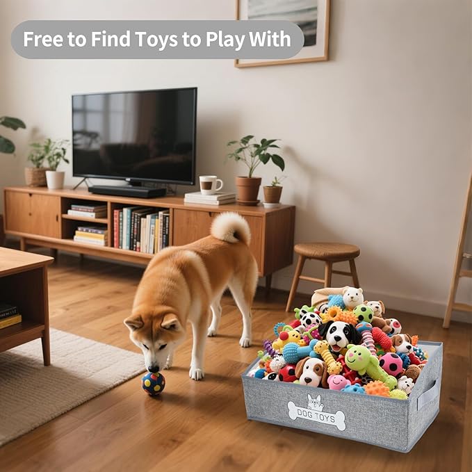 JIABEIUS Dog Toy Box, Foldable Dog Toy Storage Organizer, Fabric Toy Basket with Handle, Pet Storage Box for Pet Supplies, Dog and Cat Toys, Collars, Clothes, Treats, (Grey)