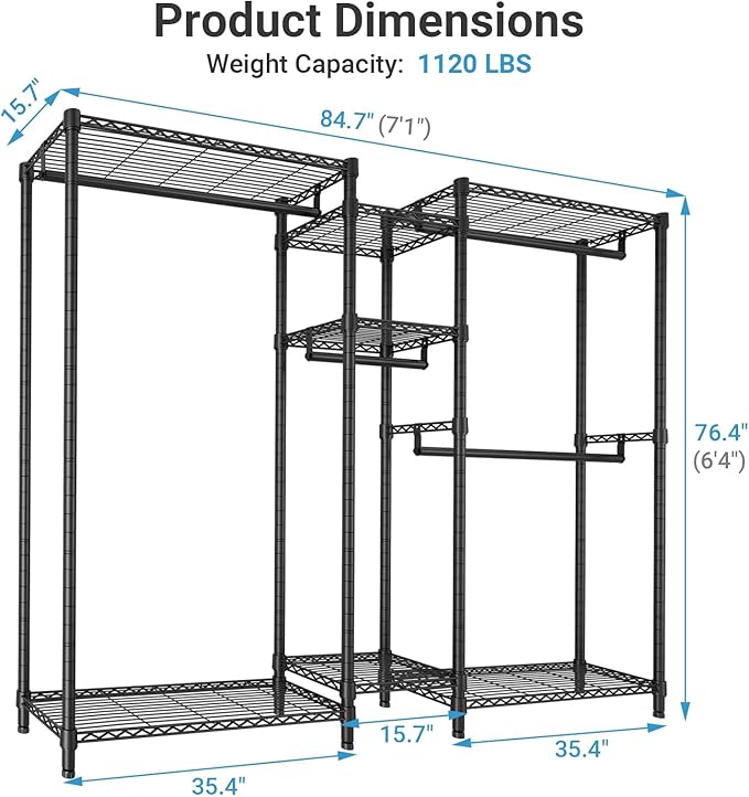 VIPEK Classic V6 Plus Wire Garment Rack Heavy Duty Clothing Rack for Hanging Clothes, Metal Freestanding Closet Wardrobe Rack Portable Clothes Rack, 84.7" L x 15.7" W x 76.4" H, Load 1120lbs, Black
