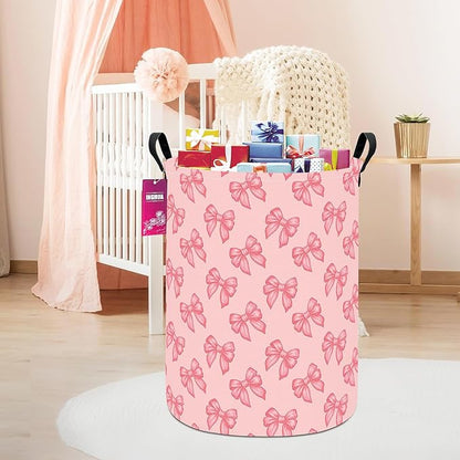 Laundry Hamper Large Canvas Fabric Lightweight Storage Basket/Toy Organizer/Dirty Clothes Collapsible Waterproof for College Dorms, Boys and Girls Bedroom,Bathroom(Pink bowknots)