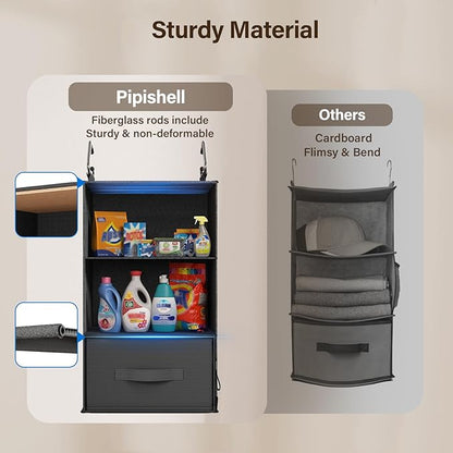 Pipishell 6-Shelf Hanging Closet Organizer with 2 Separable 3-Tier Shelves, 3 Drawers & Side Pockets Closet Organizers and Storage for Wardrobe Organization and Nursery Clothes Organizer, Black
