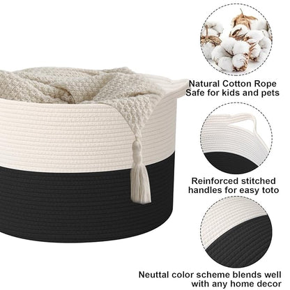 90L Large Blanket Basket,21.7"L x 21.7"W x 13.8"H Rope Woven Baskets with Handles, Toys Storage Bins,Laundry Basket Perfect for Living Room, Nursery,Bedroom,Home Organization,White&Black