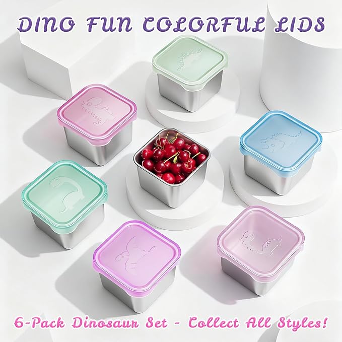 6-Pack Small (6 oz) Stainless Steel Snack Containers for Kids, Easy-Open Toddler Snack Containers with Lids - Cute Dinosaur Small Stackable Metal Snack Box for Daycare, School, Travel
