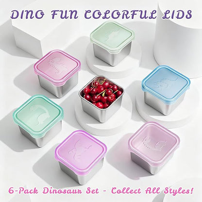 6-Pack Small (6 oz) Stainless Steel Snack Containers for Kids, Easy-Open Toddler Snack Containers with Lids - Cute Dinosaur Small Stackable Metal Snack Box for Daycare, School, Travel