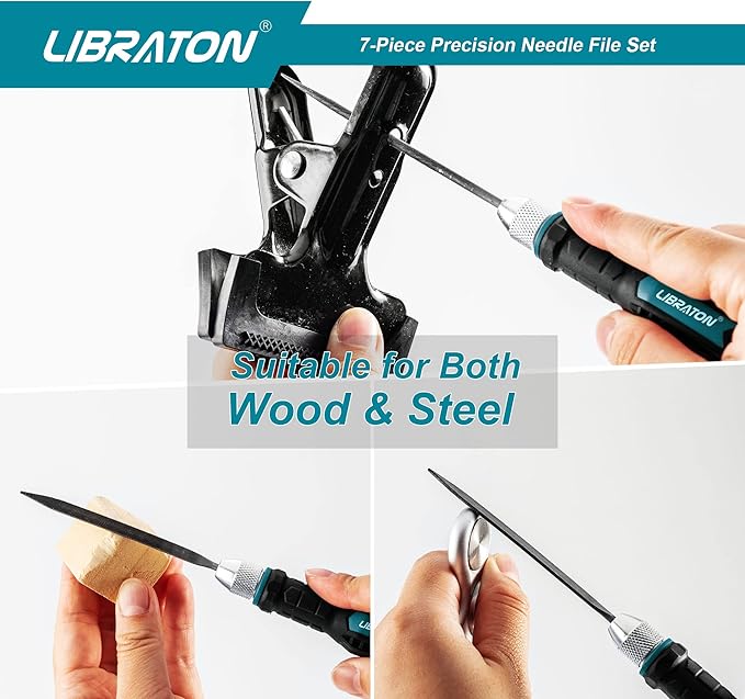 LIBRATON Needle File Set Interchangeable, Small Mini Wood Metal Files, 6PCs Steel With Handle for Precision Work, Woodworking, Plastic Carving, Craft Tool