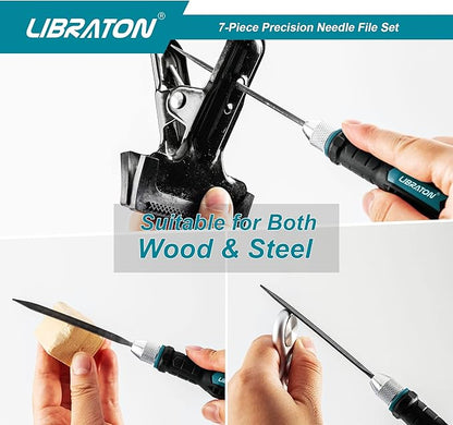 LIBRATON Needle File Set Interchangeable, Small Mini Wood Metal Files, 6PCs Steel With Handle for Precision Work, Woodworking, Plastic Carving, Craft Tool