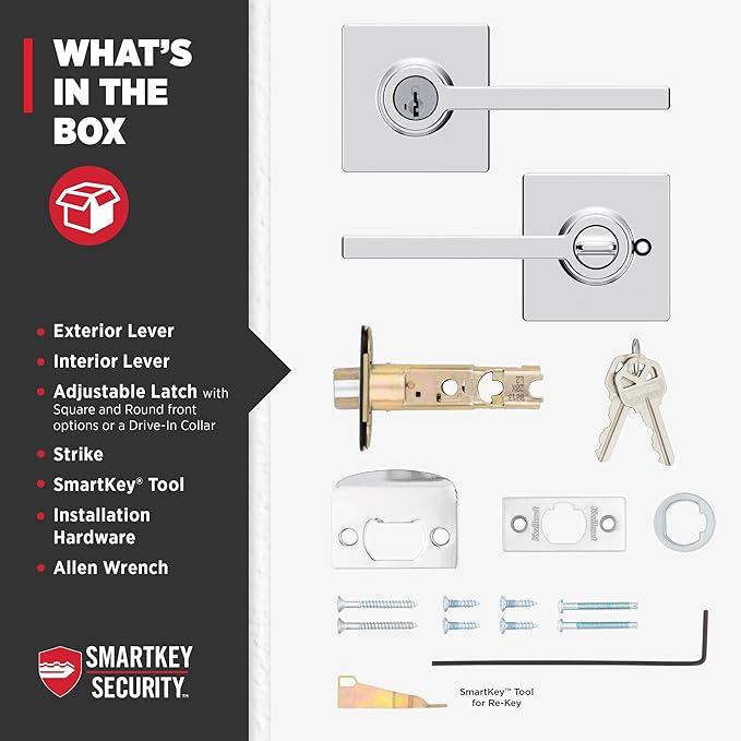 Kwikset Casey Entry Door Handle with Lock and Key, Secure Keyed Reversible Lever Exterior, Door Lock, For Front Door Entrance and Bedrooms, Polished Chrome, Pick Resistant Smartkey Rekey Security