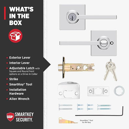Kwikset Casey Entry Door Handle with Lock and Key, Secure Keyed Reversible Lever Exterior, Door Lock, For Front Door Entrance and Bedrooms, Polished Chrome, Pick Resistant Smartkey Rekey Security