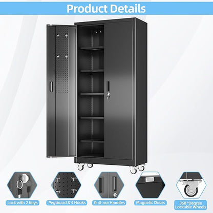 Aobabo Upgrade 71H''*32''W*16''D Metal Garage Storage Cabinet with Wheels and Pegboards, 5 Adjustable Shelves Steel Storage Cabinets for Home,Warehouse,Garage,Assembly Required,Black