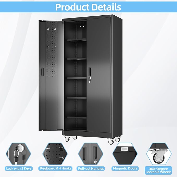 Lockable Garage Storage Cabinet with Wheels and Pegboard, 71" H Black Metal Storage Cabinet with 5 Adjustable Shelves and 4 Hooks for Garage, Home, Assembly Required, Black