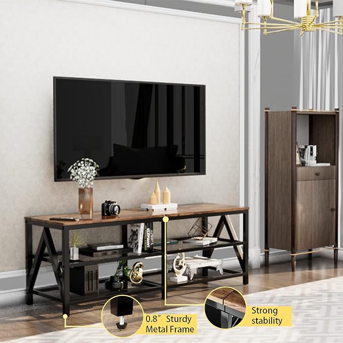 TV Stand for TVs up to 65 Inch, 55" Long Industrial TV Console Table with 3-Tier Storage Shelves, Entertainment Center for Living Room, Bedroom (Brown)