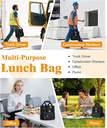 Insulated Lunch Bag for Men & Women, Double Leakproof Lunch Box Soft Cooler Tote with 5 Pockets, 600D Oxford, EVA Lining, Adjustable Strap for Work, Picnic, Beach&Travel-Black