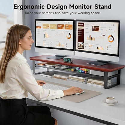 Dual Monitor Stand, 35.4 Inch Monitor Stand Riser for 2 Monitors, 2 Tiers Wood Desk Shelf with Storage, Desktop Organizer Stand for Computer, Laptop, Printer, TV (Reddish Brown, 35.4in)