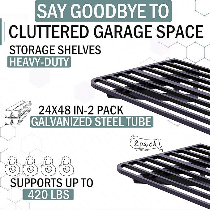 Garage Wall Shelving 2-Pack 2x4ft Garage Shelving（24-inch-by-48-inch） Wall Shelf Garage Storage Rack Floating Shelves, Space-Saving Black