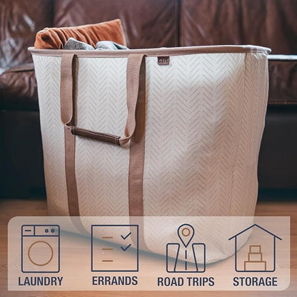 CleverMade Collapsible Laundry Caddy – Foldable Laundry Hamper & Tote, XXL 64L Pop-Up Laundry Basket with Handles, Space-Saving Laundry Organizer for Home & Travel, 2 Pack - LUXE Cream Herringbone