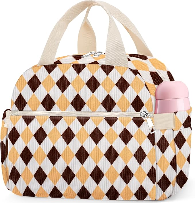 Lunch Box for Women, Cute Corduroy Grid Insulated Lunch Bag Women Reusable Work Leakproof Simple Adults Large Lunch Boxes Tote Bag Men Cooler Bag