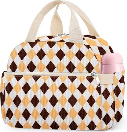 Lunch Box for Women, Cute Corduroy Grid Insulated Lunch Bag Women Reusable Work Leakproof Simple Adults Large Lunch Boxes Tote Bag Men Cooler Bag