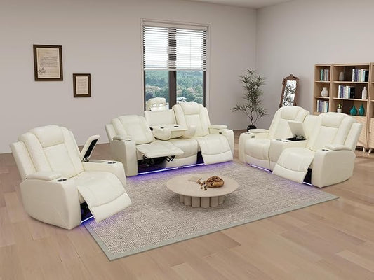 Living Room Furniture Sets, 3PCS Creamy White Power Reclining Breathing Leather Sofa Set, Power Sofa Loveseat Chair with 5 Recliner Seats/Cup Holder/LED Light/USB Port for Living Room, RV Car