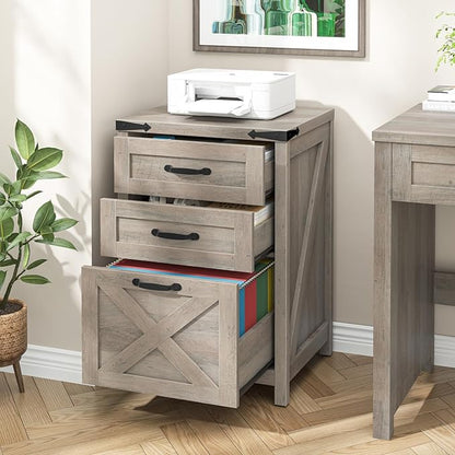 3 Drawer Small File Cabinet, Farmhouse Vertical Filing Cabinet Fits Letter and A4 Size, Under Desk Wooden File Cabinets for Home Office, Printer Stand, Grey