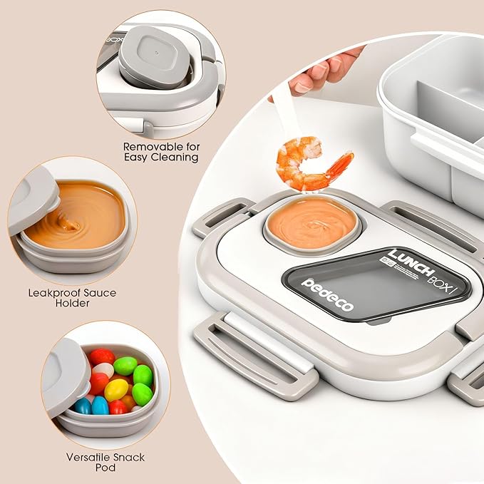 All-in-one Bento Lunch Box Set for Adults & Kids with Insulated Bag, Leakproof 3-Compartment and 2-Tier Stackable Container with Portable Sauce Pod, Microwave/Dishwasher Safe, BPA-Free (White)