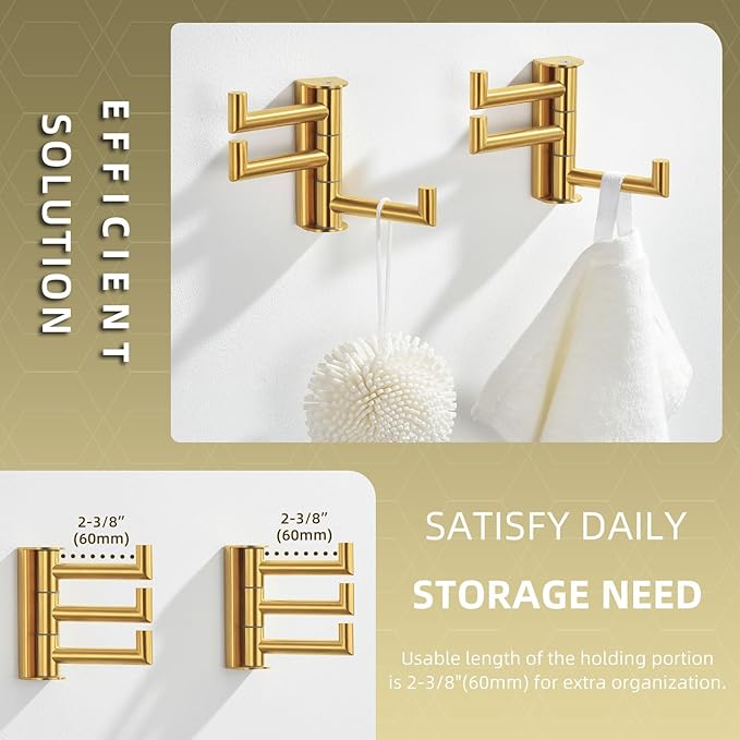 Angle Simple Towel Hooks Swivel, 304 Stainless Steel 3 Arms Foldable Hand Towel Holder, Coat Hooks, Brushed Dark Gold, 2 Pack