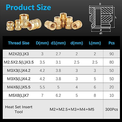 300+6Pcs M2 M2.5 M3 M4 M5 Premium Brass Threaded Inserts, Metric Brass Knurled Nuts Assortment Kit, with Heat Set Insert Tool, for Plastic and 3D Printing Components, All-in-one Solutions