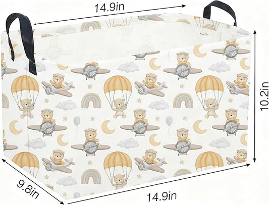 Sanjiaofeng Rectangular Kids Basket Bear Storage Bins,Cute Storage Basket with Handles.Clothers,Books,Kid's Gifts Bins. (Airplane Bear)