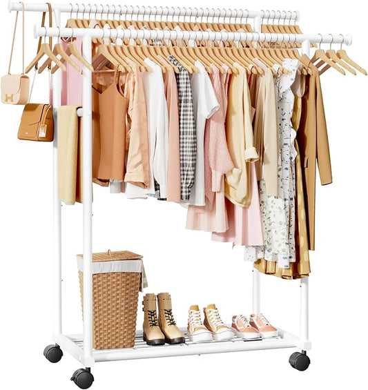 Metal Clothes Rack - Double Rod Clothing Rack with Fixed Design and Rolling Wheels, Coat Rack with Built-In Shelf for Closet Organizers and Storage (38.5" x 16.9" x 59.0", White)