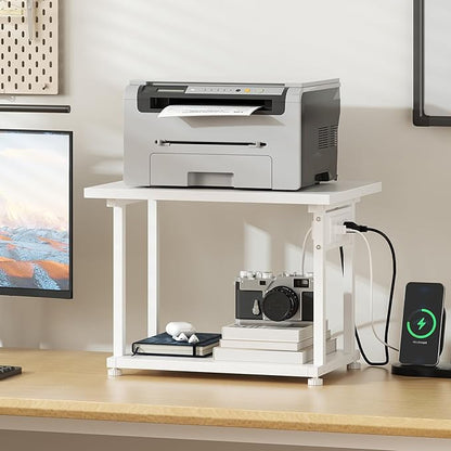 Printer Table, 2-Tier Under Desk Printer Stand with Charging Station, Printer Stand with Wheels, PrinterShelf for Small Spaces, Printer Cart for Home Office White