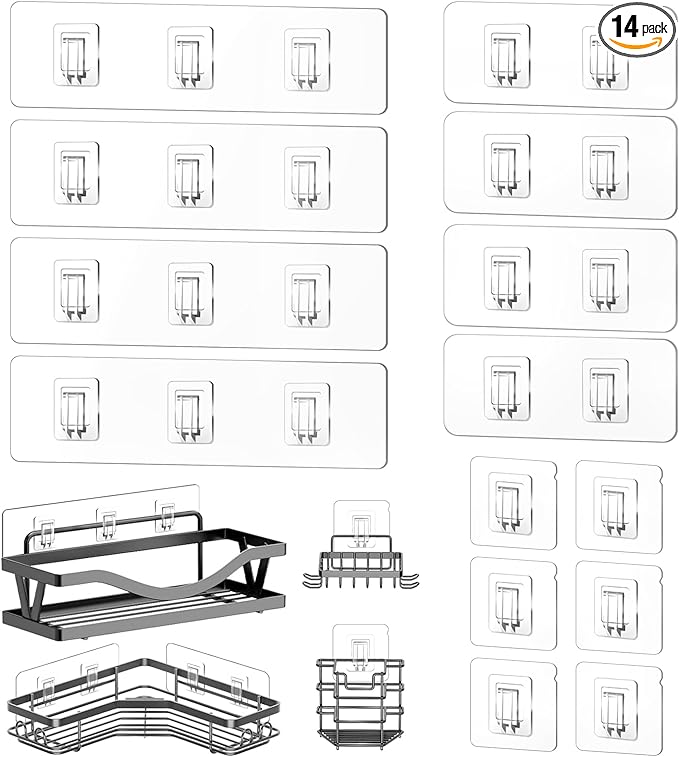 14 Pack Shower Caddy Adhesive Replacement, Strong Waterproof Strips, No Drilling Flat Hooks for Bathroom Storage Shelves and Kitchen Racks (Clear 3 Hooks & 2 Hooks & 1 Hook)