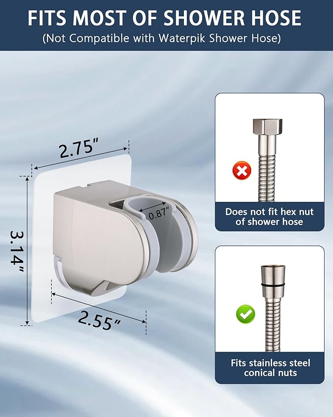Handheld Shower Head Holder Super Strong Adhesive No Drill Adjustable Wall Mount for Hand Held Wand, Ideal for Kids, Elderly, and Short Users (Brushed Nickel)