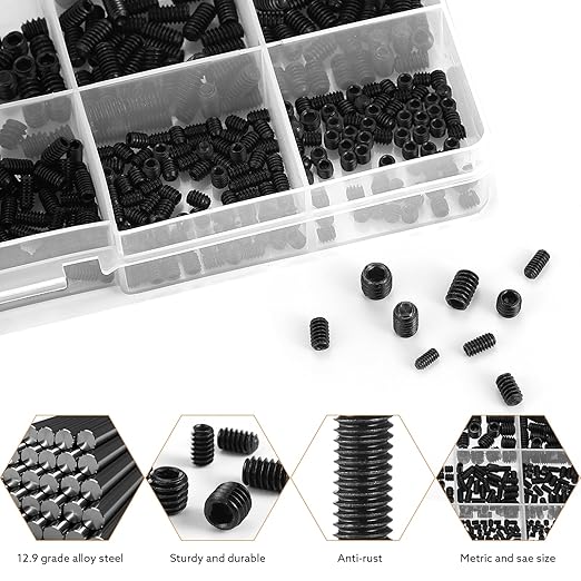 1400 Pcs 26 Size Set Screw Kit Metric&SAE Set Screw Assortment Kit 12.9 Alloy Steel Head Socket Hex Metric Set Screws Kit Black Zinc Plated Cup-Point Screws (M3-M8, 1/8"-40 to 5/16"-18)