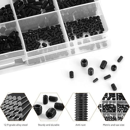 1400 Pcs 26 Size Set Screw Kit Metric&SAE Set Screw Assortment Kit 12.9 Alloy Steel Head Socket Hex Metric Set Screws Kit Black Zinc Plated Cup-Point Screws (M3-M8, 1/8"-40 to 5/16"-18)