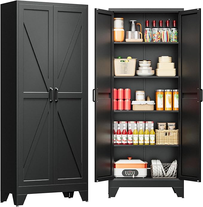 Metal Black Storage Cabinet with 2 Doors and 4 Adjustable Shelve, 72" Tall Kitchen Pantry cabinets, Farmhouse Food Pantry Cabinet,5 Tier Freestanding Barn Door Cupboard for Kitchen Dining/Living Room